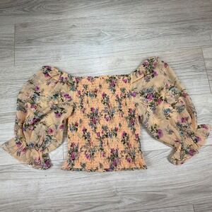 Allison New York Floral Smocked Balloon Sleeve Top Peach XS Square Neck Peasant‎